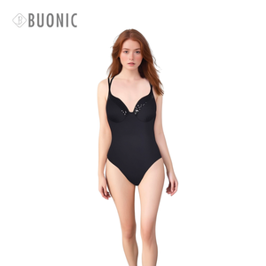 Costume da bagno intero da donna Buonic, nero, taglia 44 46 48, con scollo a V profondo, push-up e controllo della pancia - Product Image 1