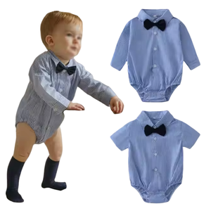 Combinaison unisexe formelle à manches courtes rayée respirante en polyester/coton avec col bleu boutonné pour nouveau-né, nourrisson et tout-petit - Product Image 1