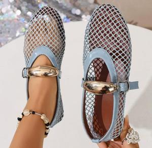 Women's Summer Flat Ballet <b>Shoes</b> with Fish Mesh Design Slip-On Closure Fashionable Buckle <b>Soft</b> Doll Feature Rubber Insole - Product Image 5