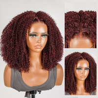 Perruque Sans Colle en Cheveux Humains Brésiliens Frisés Kinky Rouge Coca-Cola Cerise, Closure Dentelle Découpée 7x5 Afro Frisée Haute Densité, Vente en Gros