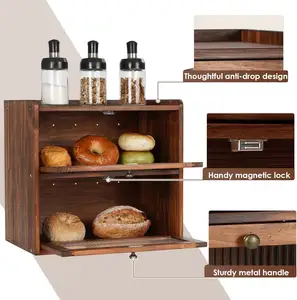 Bread Box For Kitchen Countertop Wooden Bread Storage Container Bin 2 Layer Breadbox Holder