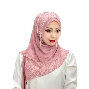 Hot Người Bán Malay Của Phụ Nữ Tua Rắn Màu Polyester Phụ Nữ Có Khuôn Mẫu Lưới Hijab Vàng Đính Cườm Hoa Khăn Choàng Hijab Hồi Giáo Khăn Trùm Đầu