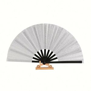 New Arrival Eco-Friendly 13-Inch Large Portable Bamboo Plastic Hand Fan 33cm Green <b>Glitter</b> Rave Carved Painted DIY Music Cartoon - Product Image 4