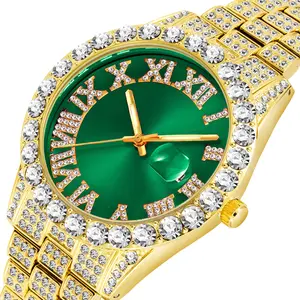 Dropshipping 로마 숫자 힙합 다이아몬드 시계 남자 골드 럭셔리 브랜드 시계 3Atm 일본 운동 독특한 녹색 Gial 손목 시계