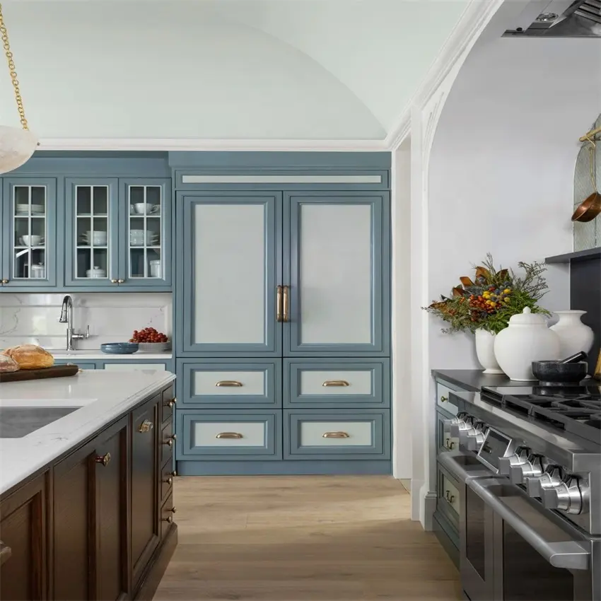 Paslanmaz çelik mutfak dolabı katı ahşap kurulu mavi cam boyama kapı duvar dolabı kahverengi lake mutfak ada