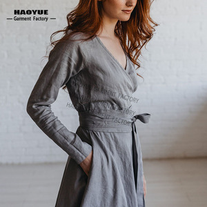 Nhà Máy May Tùy Chỉnh Quần Áo Phụ Nữ Dài Tay Áo Linen <span class=keywords><strong>Midi</strong></span> Váy Mùa Thu Linen Ăn Mặc Với Túi Cộng Với Kích Thước Quần Áo - Product Image 5