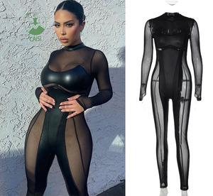 Combinaison à manches longues avec fermeture éclair dans le dos, combinaison sexy pour boîte de nuit, en <span class=keywords><strong>simili</strong></span> <span class=keywords><strong>cuir</strong></span> noir, patchwork en maille, col rond - Product Image 1