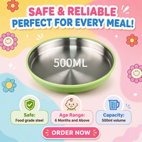 Assiette ronde en acier inoxydable 304 pour enfants, base à forte aspiration, silicone de qualité alimentaire sans BPA, antidérapante, facile à nettoyer