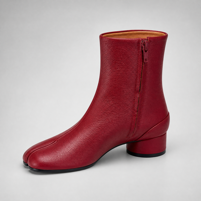 Women's Soft Genuine Leather Split Tabi Low Block Heel Side Zip Mid-Calf Design