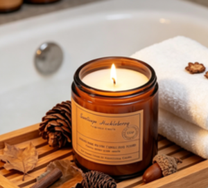 Cire à brûler non toxique à combustion lente dans un élégant récipient en verre ambré, produisant une lueur douce et chaude et un parfum profond et réconfortant, parfaite - Product Image 5