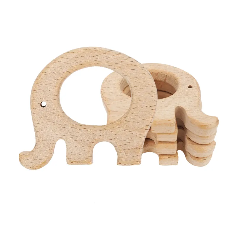 Natural Beech Wooden Baby Teether Toys Baby Rattles Sensory Skills Toy Elephant Shape Baby Wooden Teether