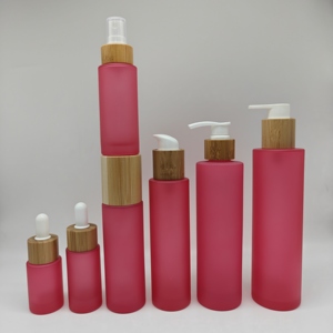 Flacon en verre <span class=keywords><strong>rouge</strong></span> givré avec pompe pulvérisateur compte-gouttes en bambou, 20 ml, 30 ml, 50 ml, 100 ml, 120 ml, 150 ml, 200 ml - Product Image 2