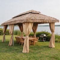 Pavillon de jardin en acier de style ferme avec toit en chaume, ignifuge en PE, léger et thermolaqué, directement de l'usine