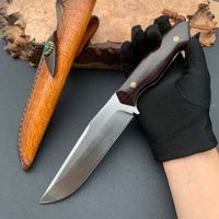 Couteau droit exquis en satin VG10 avec manche en bois d'ébène, couteau de survie pour le camping avec étui en cuir, idéal pour collectionneur, cadeau ou exposition
