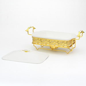 Chauffe-Plats Rectangulaire en Céramique de Luxe pour Traiteur, Support Doré, Vaisselle de Buffet de Mariage, Capacité 1,5 Litre, <span class=keywords><strong>Prix</strong></span> de Gros - Product Image 1