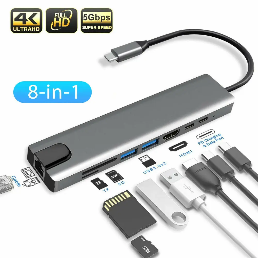 8 in 1 Typt usb-c USB C tipi HDMI RJ45 Gigabit Ethernet adaptörü USB 3.0 HUB Dock ile kart okuyucu PD şarj cihazı 87W 4K çoklu adaptöre