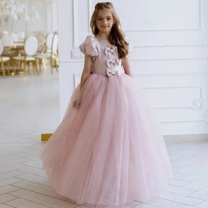 Abiti da Damigella Personalizzati con Colletto Quadrato e Fiocco, Lunghezza a Terra, Elegante Vestito da Prima Comunione e Cerimonia per Bambine - Product Image 1