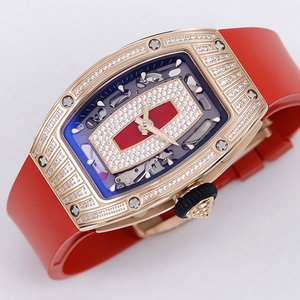 Ladies' rose gold diamond-<b>set</b> automatic mechanical <b>watch</b> with red lip design and red rubber strap. - Product Image 4