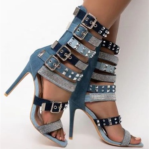 Rhinestone Studs Blue High Heels Shoes Summer Square Toe Fashion Buckle Denim Customized <b>Sandals</b> for Women Back Zipper Size 43 - Product Image 3