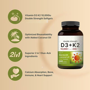 Complément alimentaire 2-en-1 pour le soutien osseux et immunitaire, Vitamine D3 10000 UI et K2 200 mcg à double concentration, en gélules molles avec huile de coco, 240 unités - Product Image 2