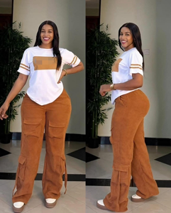 Completo Due Pezzi Casual da Donna: T-Shirt con Collo Tondo + Pantaloni Multi-Tasca, Abbigliamento Quotidiano alla Moda, Asciugatura Rapida, Set Semplice <span class=keywords><strong>Top</strong></span> e Pantaloni - Product Image 4