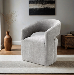 Fauteuil capitonné gris clair 1 pièce avec base sur pieds et roulettes, assise ronde en tissu texturé, mobilier de chambre moderne et écologique - Product Image 3