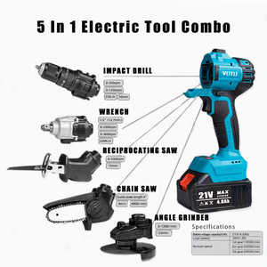 <span class=keywords><strong>5</strong></span>-في-1 21V بطارية ليثيوم مجموعة أدوات كومبو بدون فرش تأثير مثقاب زاوية ترددية المنشار الجنزيني طاحونة 1 سنة - Product Image 2
