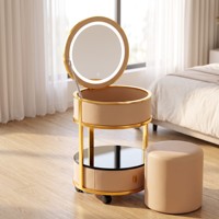 Station de maquillage moderne en acier inoxydable et bois de pin avec miroir LED 3 couleurs, chargeur de téléphone sans fil et roulettes universelles pour chambre à coucher