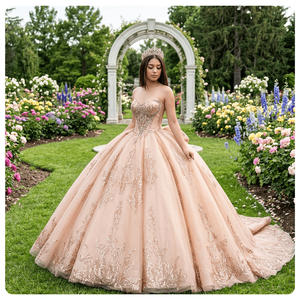 ชุดราตรีงาน Quinceanera 15 ปี รุ่น Dy6868 จากเม็กซิโก ทรงบอลกาวน์ คอรูปหัวใจ สายคล้องไหล่แบบวัตโต้ ชายกระโปรงยาวแบบเจ้าหญิง แต่งลูกไม้สไตล์วินเทจ - Product Image 1