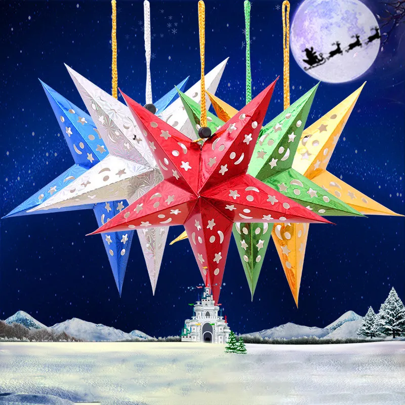 Nuevo 3D láser Navidad pentagrama techo colgante decoraciones Navidad papel cinco estrellas decoración de Navidad