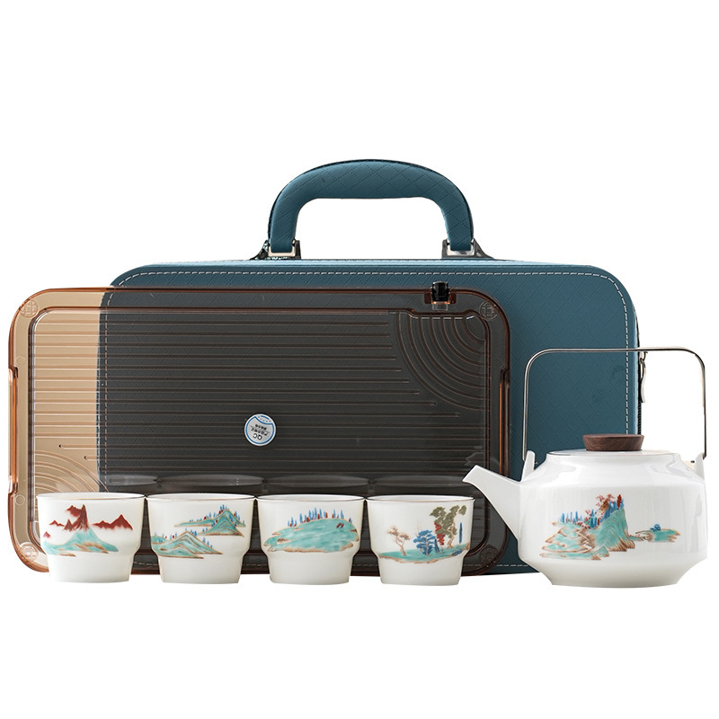 Service à Thé Chinois Kung Fu Portable En Porcelaine Bleue - Théière Mini Avec 2 Tasses Et Sac