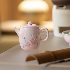 Guanlan Ceramic Teapot Powder Glaze Relief Floral Pattern With Lid Kung Fu <b>Tea</b> <b>Set</b> For Afternoon <b>Tea</b> - Product Image 4