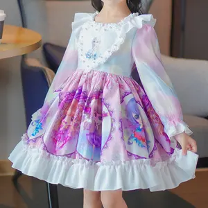 Sonbahar dondurulmuş elbise çocuk tatlı kız parti uzun kollu yay dantel dekorasyon güzel yumuşak rahat Lolita elbiseler