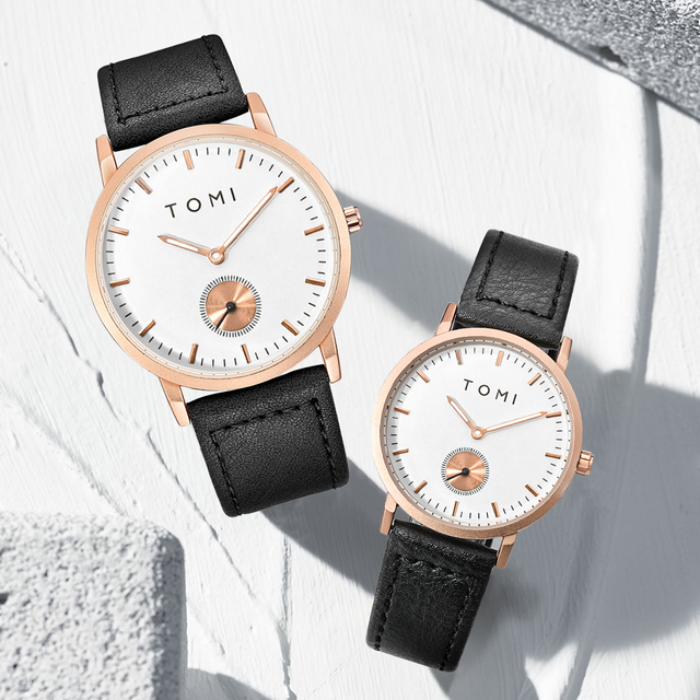 TOMI Couples Quartz Watches 43mm Alloy Case & Leather Band 20mm Width-Romantic Fashion Christmas Gift for Him & Her
