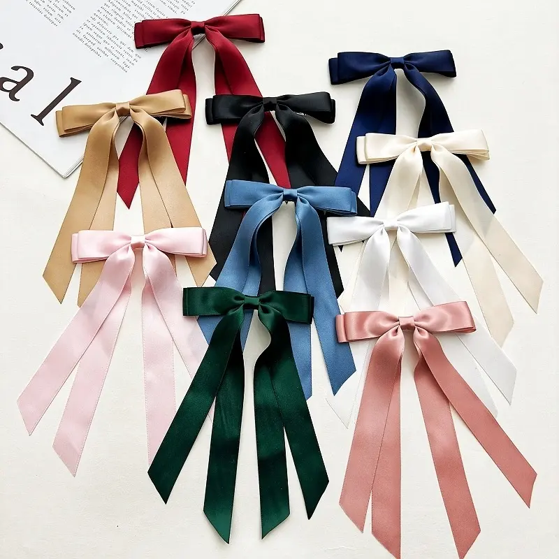 Mượt satin Tóc cung tóc Clip màu be đen tóc Ribbon đuôi ngựa Clip kim loại cho phụ nữ cô gái trẻ mới biết đi thanh thiếu niên trẻ em