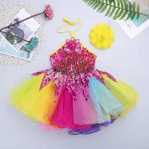 Children Fancy Outfit Halter Neck Girls Sequins 3D Flower Applique Lovely Colorful Ballet Dance Stage Tutu Dress Wristband Set