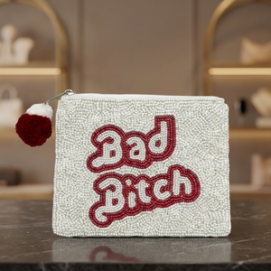 กระเป๋าใส่เหรียญลูกปัด <span class=keywords><strong>Bad</strong></span> <span class=keywords><strong>Bitch</strong></span> สีขาวแดง พร้อมพู่ห้อย ซิปปิด กระเป๋าสตางค์แฟชั่น - Product Image 1