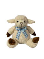 Jolie peluche mouton, jouet en peluche doux, poupée agneau avec nœud à carreaux bleus, cadeau d'anniversaire pour enfants, décoration de la maison