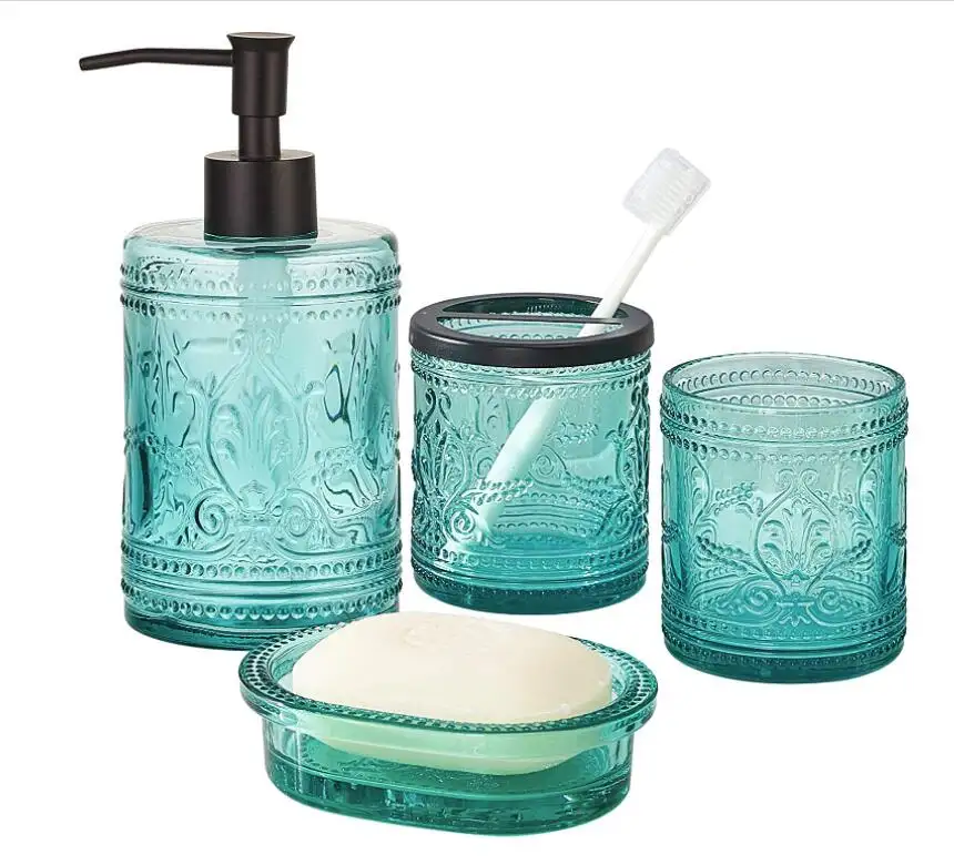 Set di accessori per il bagno in vetro blu verde acqua solido decente pesante