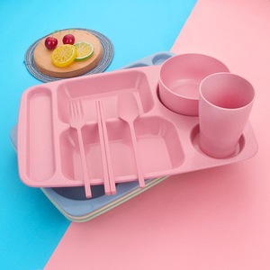 Wheat Straw Divided <b>Plate</b> Set With Bowl Spoon Chopsticks Fork <b>Large</b> Capacity Kids Tableware Rectangle Solid Color - Product Image 1