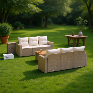 Poly <b>Rattan</b> Modular Garden <b>Sofa</b> Set Beige 7 Piece Outdoor Furniture Contemporary Design - Product Image 2
