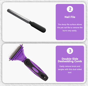 Ensemble de brosses de toilettage professionnelles pour chiens et chats, luxe personnalisé, violet, 7 en 1, avec peigne anti-poils en acier inoxydable et plastique, coupe-ongles - Product Image 6