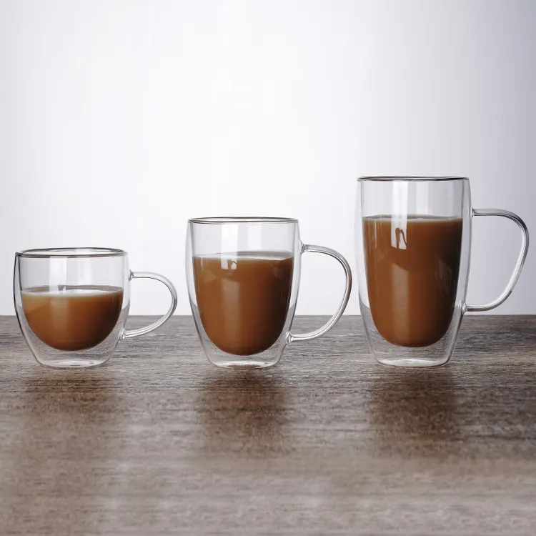 Clear heat-resistant borosilicate double wall glass coffee cup with handle