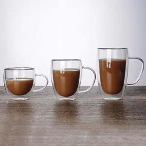 हैंडल के साथ स्पष्ट गर्मी प्रतिरोधी बोरोसिलिकेट डबल वॉल ग्लास कॉफी कप