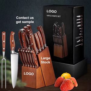 Ensemble de couteaux de cuisine personnalisés, 16 pièces, acier inoxydable, lame en damas forgée, couteaux de chef, couteaux utilitaires avec support en bois - Product Image 1