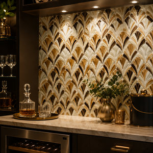 Mosaïque de verre teinté découpée à la main de style <span class=keywords><strong>Art</strong></span> déco de luxe, <span class=keywords><strong>motif</strong></span> plume en forme d'éventail, pour crédence de cuisine et décoration murale de salle de bain - Product Image 1