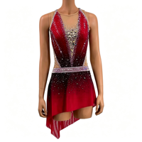 Robe de patinage artistique à col halter et dégradé rouge-noir, ornée de strass faits à la main, pour adultes et enfants