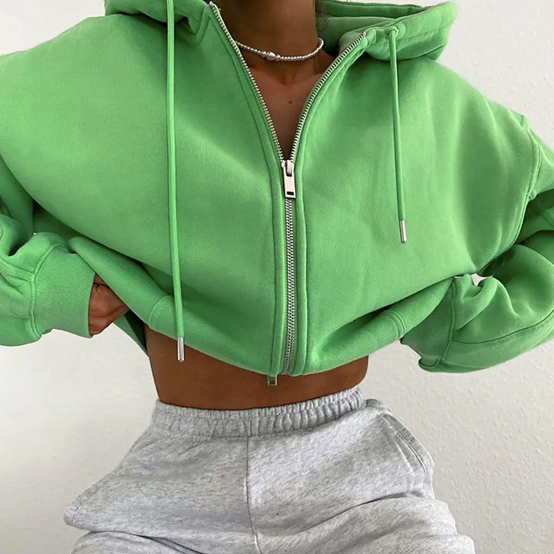 New Arrival High Quality Customizable Logo Women Polyester Cotton Green Crop Top Blank Full Zip Hoodie