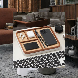 Plateau de rangement minimaliste en cuir, plateau de chevet organisé en cuir PU de qualité supérieure, double pour EDC, organiseur moderne pour chevet et cuisine - Product Image 3