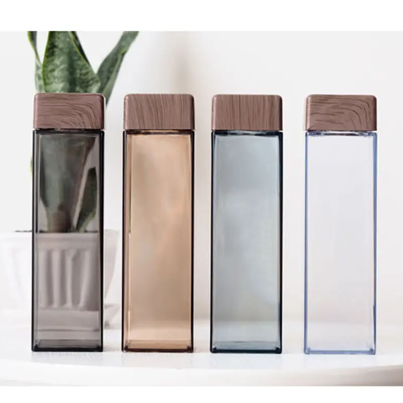 Großhandel heiß verkaufen transparente quadratische Form Wasser flasche tragbare Holzmaserung Deckel Sport Kunststoff Wasser trink flasche